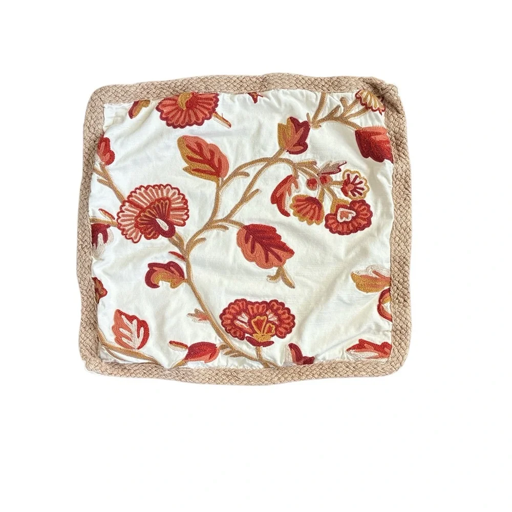 Pottery Barn Floral Fall Colored Floral Leaf Embroidered Pillow Cover 20x20